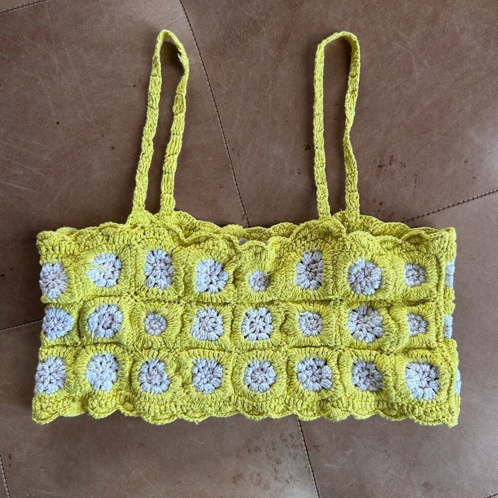 Crochet Granny Square Crop Tank Cottagecore Festival Boho Top S BP Yellow